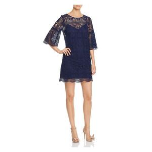 LE GALI Womens Navy Nylon Lace Bell Sleeve Jewel Neck Mini Evening Dress L